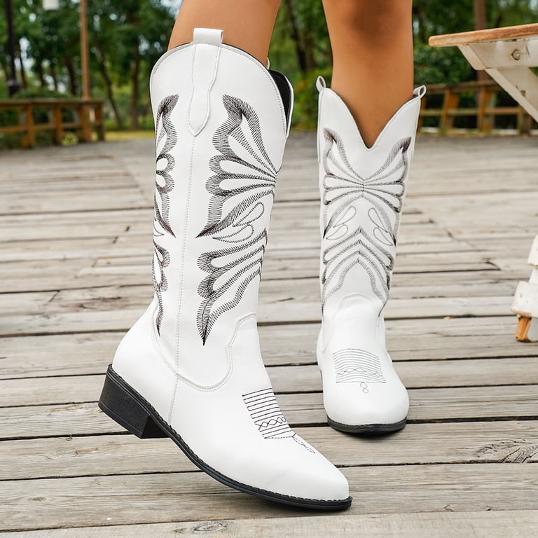 Mepaouo Women's Cowboy Boots Embroidered Mid Calf Cowgirl Western Booties Chunky Heel Pull on Country Dress Riding Knee High Boots, Adult Unisex, Size Mepaouo Women's Cowboy Boots Embroidered Mid Calf Cowgirl Western Booties Chunky Heel Pull on Country Dress Riding Knee High Boots, Adult Unisex, Size