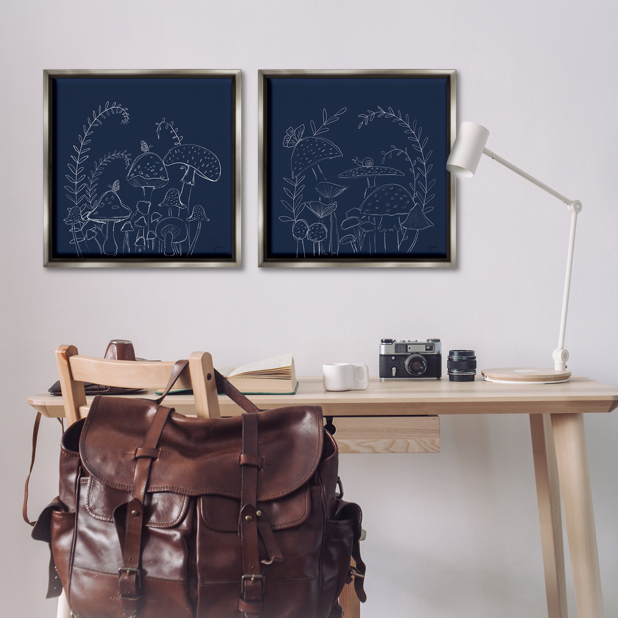 Stupell Industries Minimal Happy Mushroom Garden Floral & Botanical Painting Gray Floater Framed Canvas Art Print Wall Art, 25 x 25, Set of 2