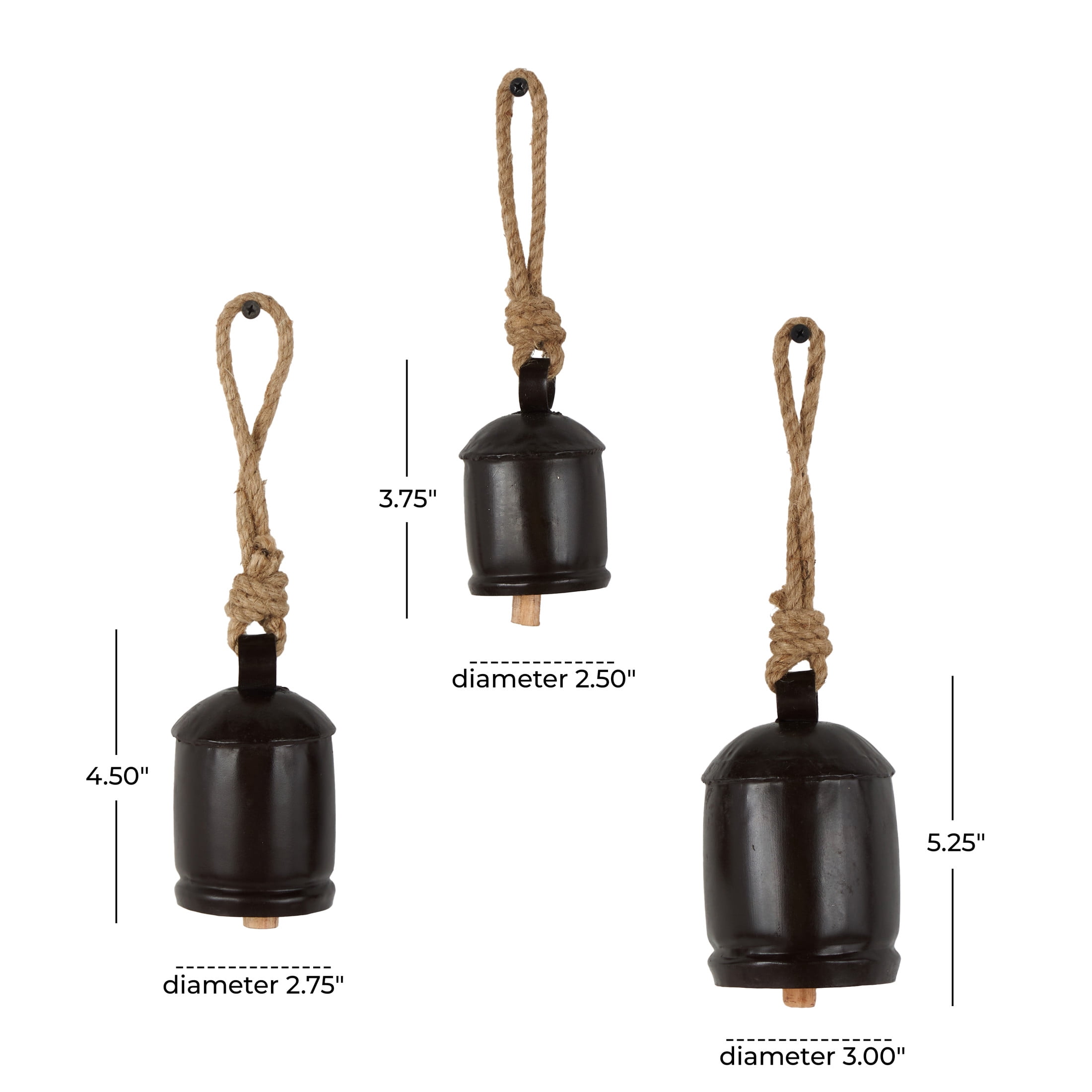 DecMode Tibetan Inspired Dark Brown Metal Cylindrical Decorative Cow Bells with Jute Hanging Rope, 3 Count