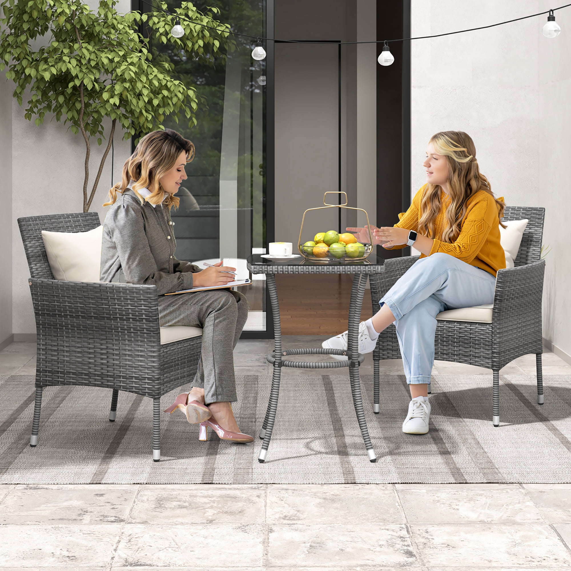 Gymax 3-Piece Patio Furniture Set PE Wicker Conversation Bistro Set w/ A Tempered Glass Table