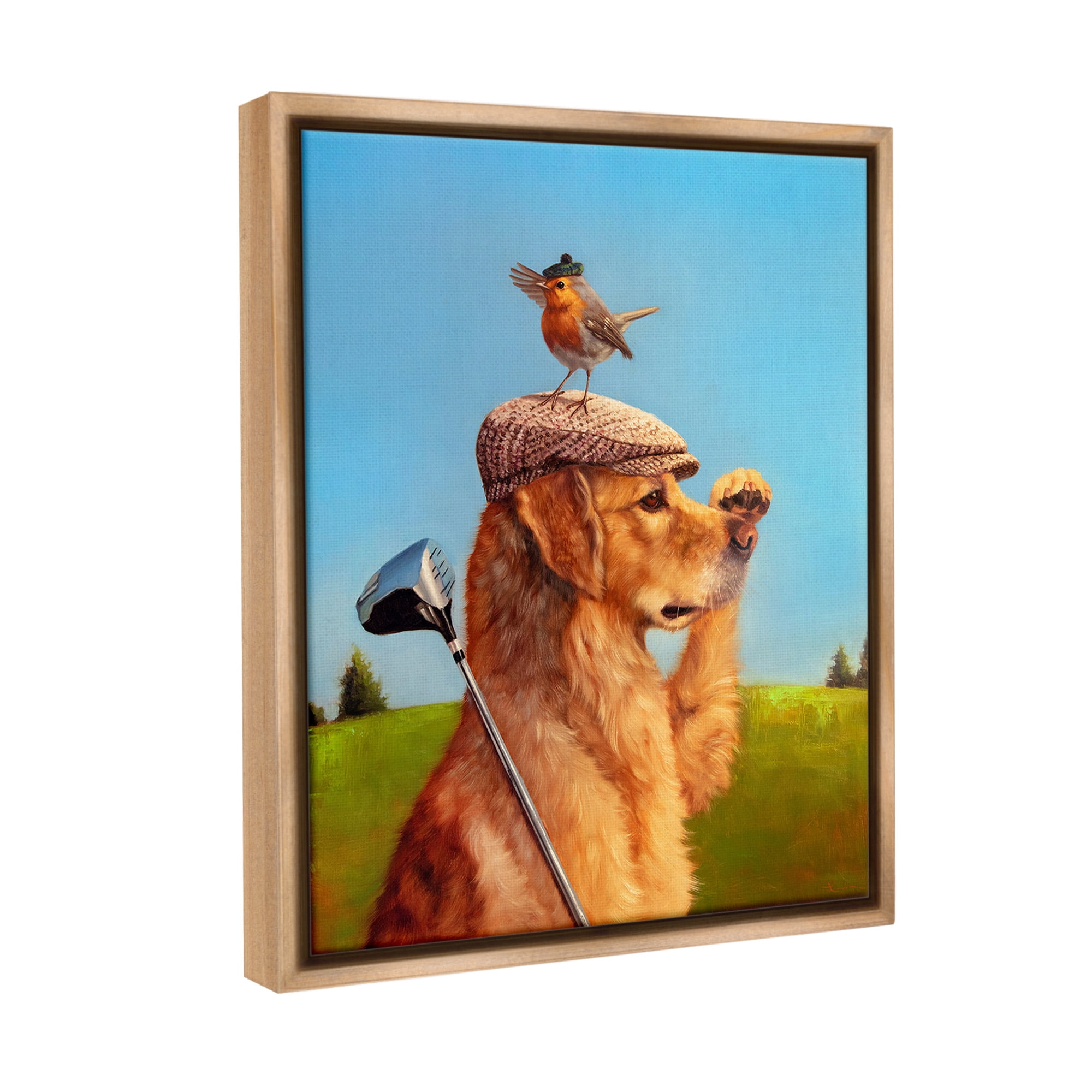 Stupell Industries Bird & Dog Golfing Animals & Insects Painting Brown Floater Framed Canvas Art Print Wall Art, 25 x 31