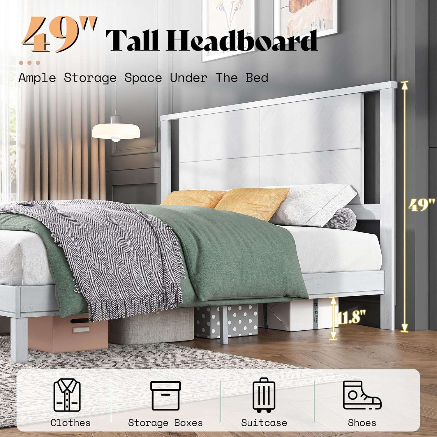 LUXOAK Solid Wood Queen Size Bed Frame with Easy Assembly & Storage Space, Antique White