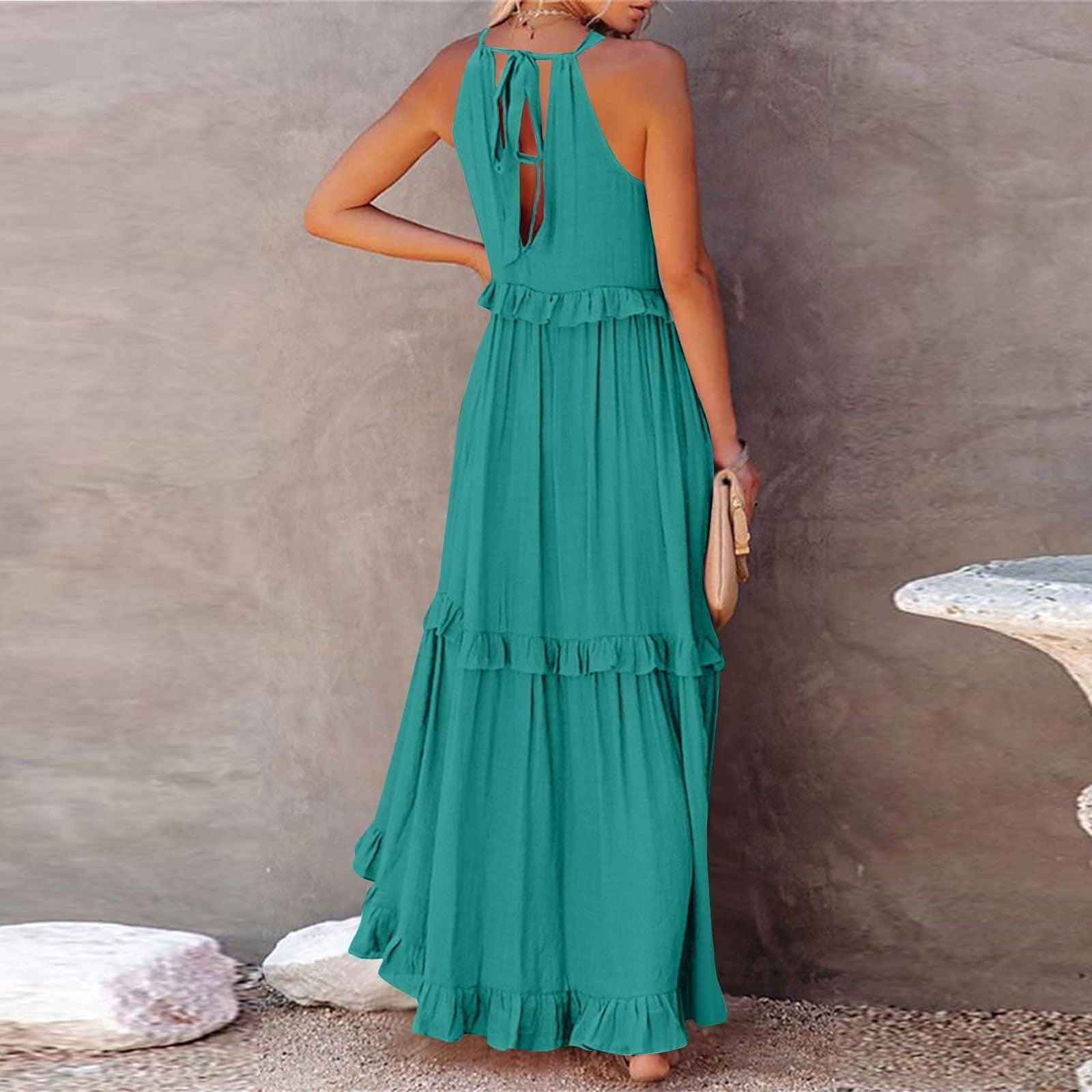 LVHAOGJOB Strap Midi Dress for Women Summer Trendy Sleeveless Dress with Pockets Loose V Neck Mujers Sundress Elegant