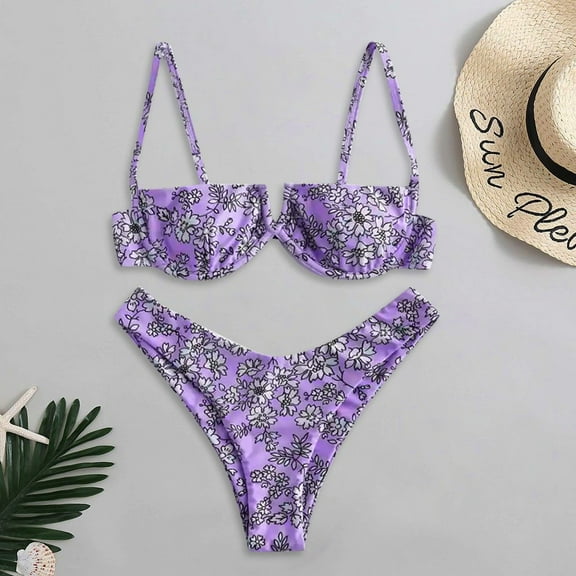 BONIXOOM Swimsuit Women Tankini No Closure Printed Bikinis Bikini Summer Swimwears on Clearance Purple Size 6