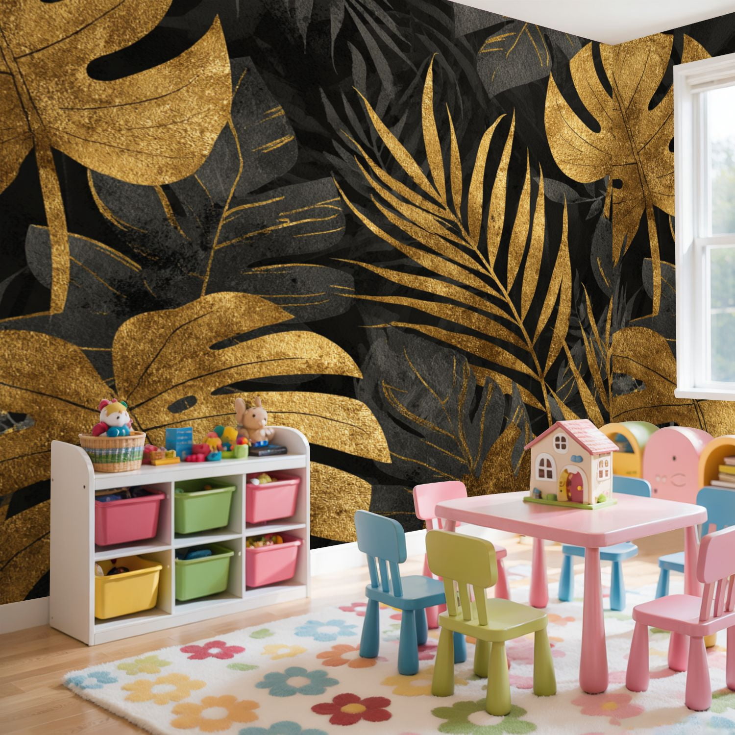 Wall Mural Peel and Stick seamless gold black tropical leaves dark Self-Adhesive Wallpaper Removable Wall Decal Wall Sticker Home Decor for Living Room Bedroom 69"x96"
