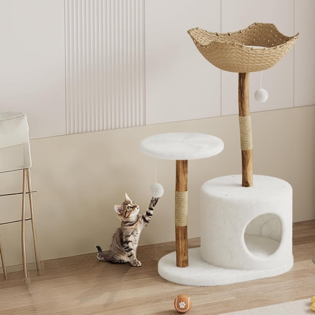 Bingirl Luxury 46in Modern Cat Tree for Large Cats: Wood Tower with Scratching Posts & Flower Platforms - Perfect Gift for Cat Lovers