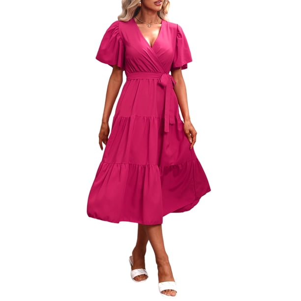 VISgogo Vestido Midi Elegante de Verano para Mujer, Vestido de Manga Corta con Cuello en V de Color Sólido con Cinturón para Fiesta en la Playa VISgogo moda
