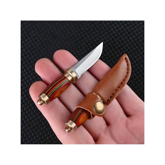 Compact Brass Wood Mini Pocket Knife With Sharp Stainless Steel Blade Faux Leather Holder Keychain Lightweight EDC Tool For Outdoor Use Box Opening And Everyday Car