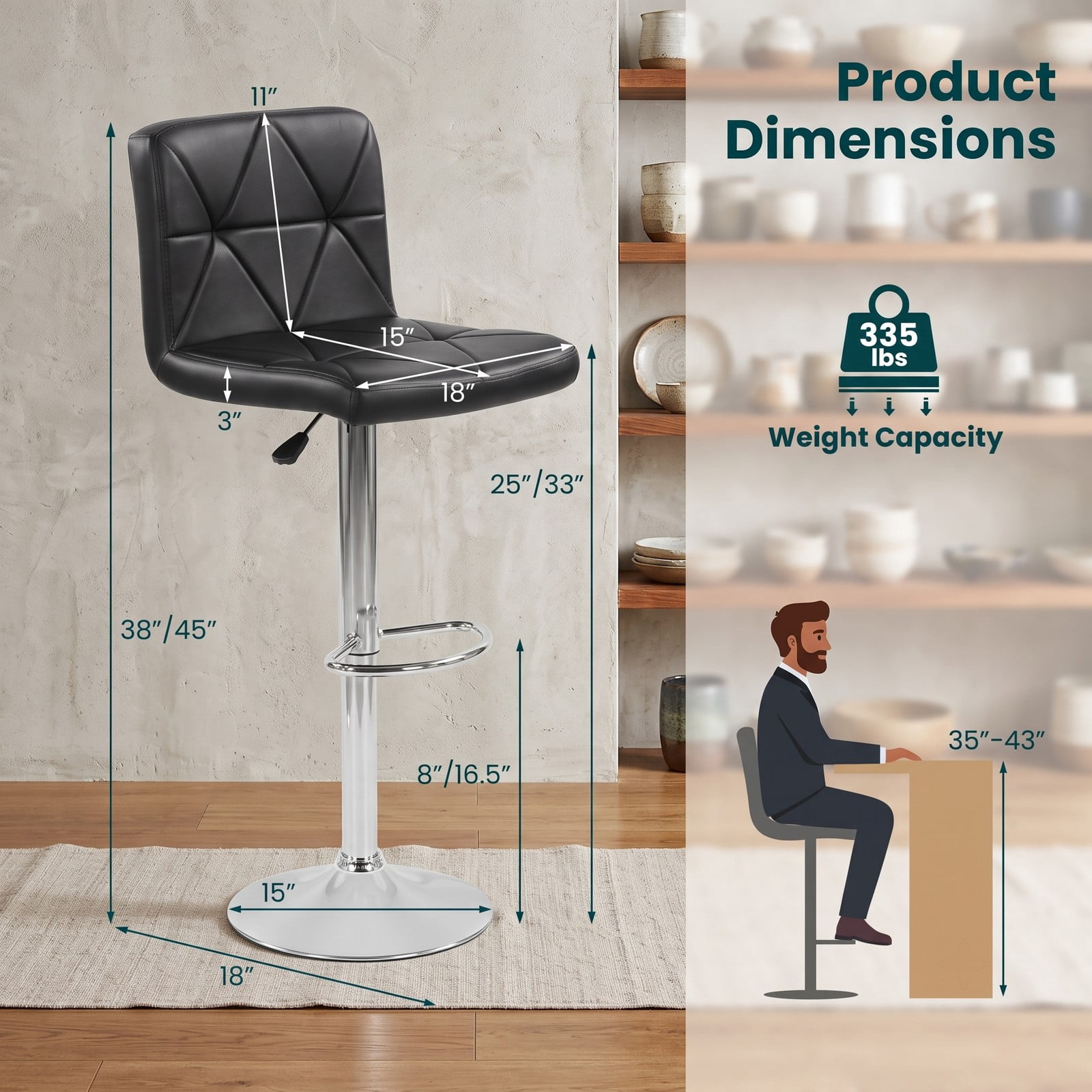 Furnibear Adjustable Swivel Bar Stools Set of 2 with Backrest and Footrest, 360 Degree Swivel Counter Height Barstools, Faux Leather Padded Seat Metal Bar, Black