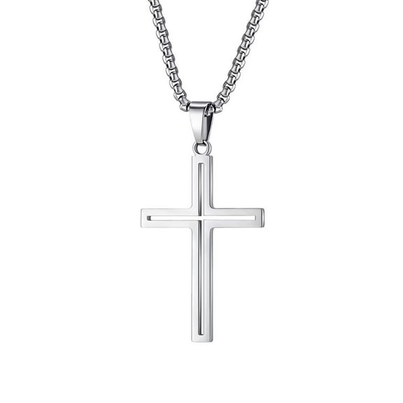 PAMTIER Unisex Stainless Steel Creative Hollow Openwork Cross Pendant Amulet Crucifix Necklace Simple Jewelry Smooth Surface Silver 23.6" Chain