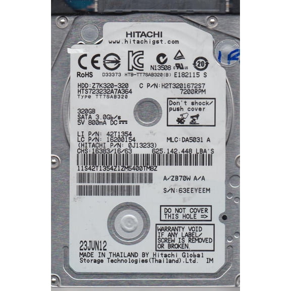 HTS723232A7A364, PN 0J13233, MLC DA5031, Hitachi 320GB SATA 2.5 Hard Drive