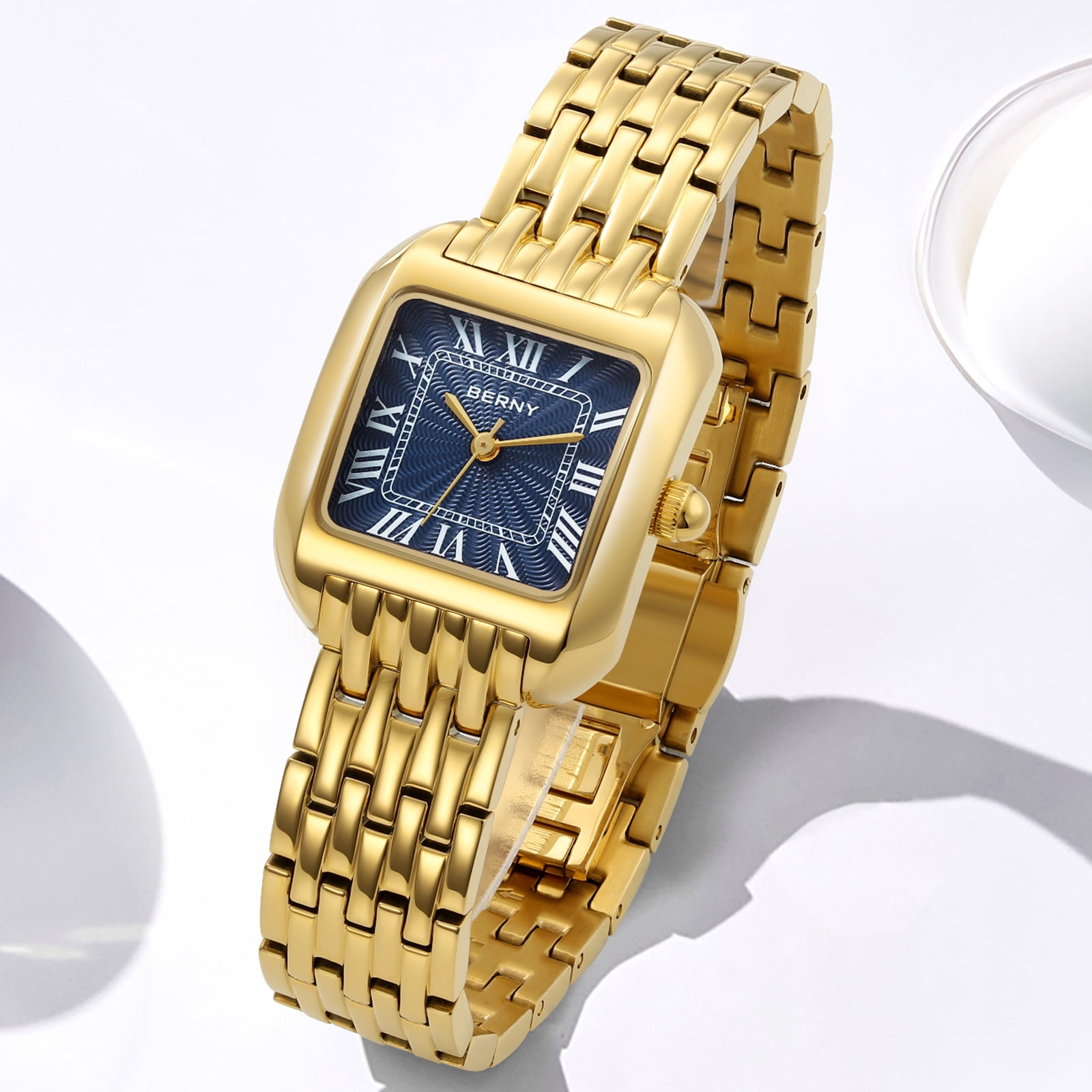 BERNY Gold Watches for Women, Square Dainty Ladies Analog Quartz Watch with Roman Numeral, Stainless Steel Bracelet Watch, Classic Waterproof Women Wristwatch Gift, Blue