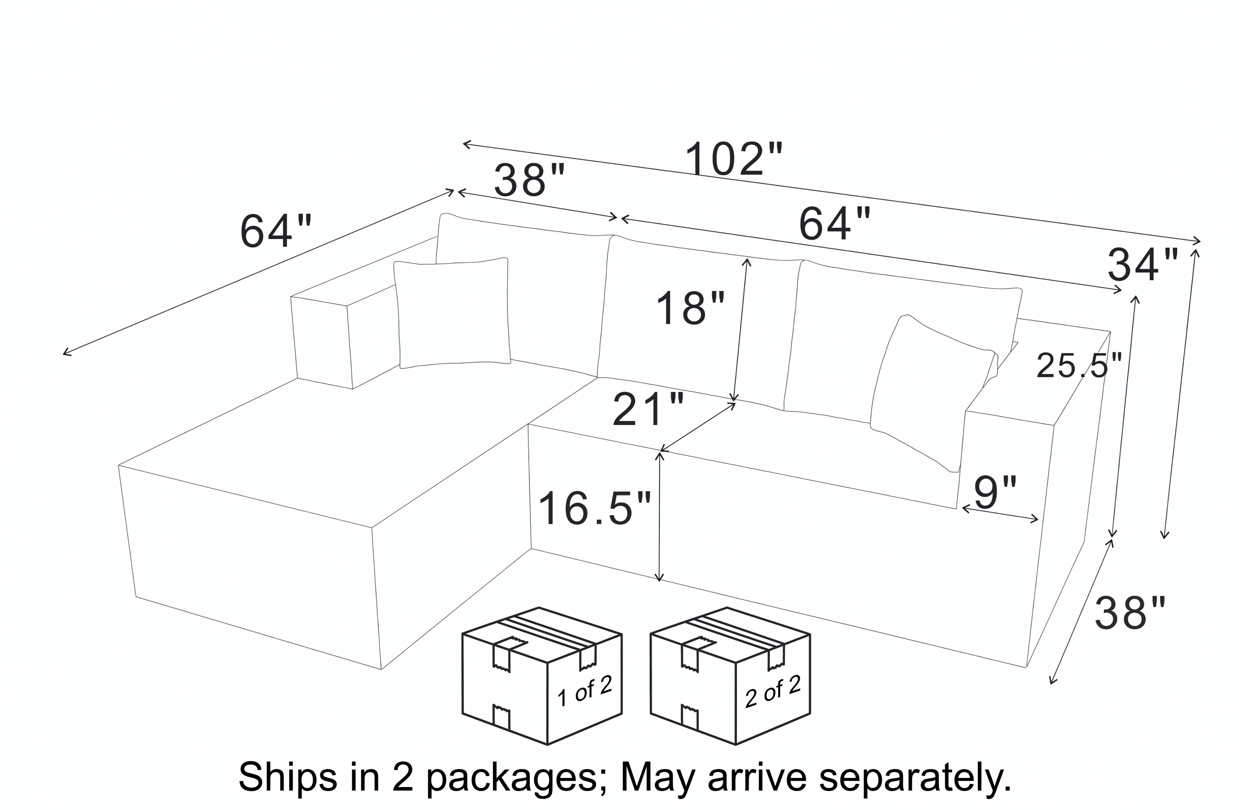 102" Modular Sectional Boneless Sofa, L-Shaped Cloud Couch with Left Facing Chaise, No Assembly Corduroy Sleeper Sofa, Plush Deep Seat Modular Couch with Toss Pillows for Living Room, Black