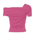 thumbnail image 4 of Women's Summer Tops Solid Color One Shoulder Short Sleeved Off Back Pleated Top T Shirt Athletic Sleeveless Shirt for Women, 4 of 5