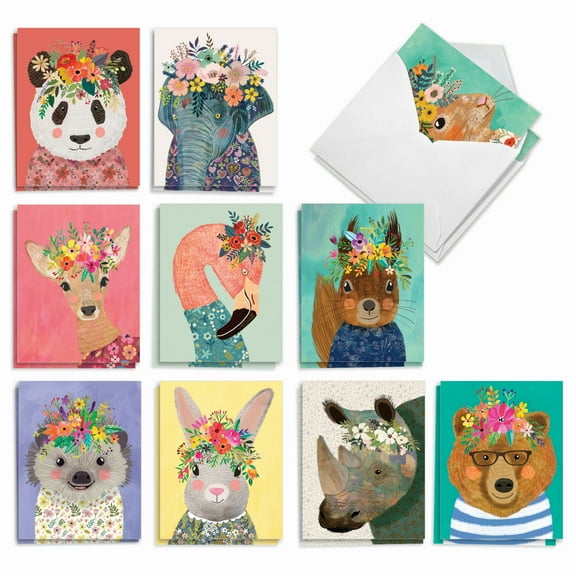 The Best Card Company 20 Assorted Blank Notecards Boxed Set 4 x 5.12 Inch with Envelopes (10 Designs, 2 Each) Blooming Wildlife AM2813OCB-B2x10