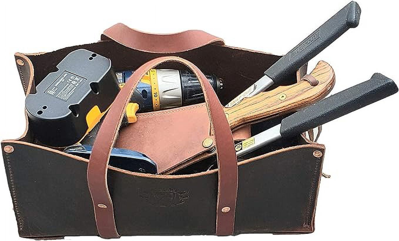 Buffalo Leather Tote Tool Bag For Hand Tools, Gardening, Outdoorsmen, Heavy Duty Premium Storage Leather Organizer (Golden Brown)
