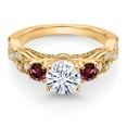 thumbnail image 2 of Gem Stone King 18K Yellow Gold Plated Silver White Moissanite and Red Rhodolite Garnet Engagement Ring for Women (1.31 Cttw, Gemstone, Round 6MM and 3MM, Size 9), 2 of 4