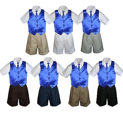 

4pc Set Boy Toddler Formal Royal Blue Vest and Necktie Black Khaki Shorts S-4T