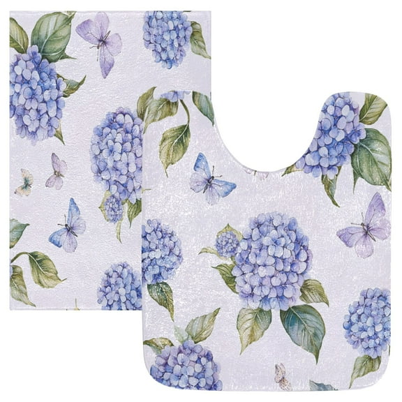 2 Piece Soft Bathroom Rug Set Blue Hydrangea Bath Mat and U-Shaped Toilet Contour Rug (16"x24" 20"x24")