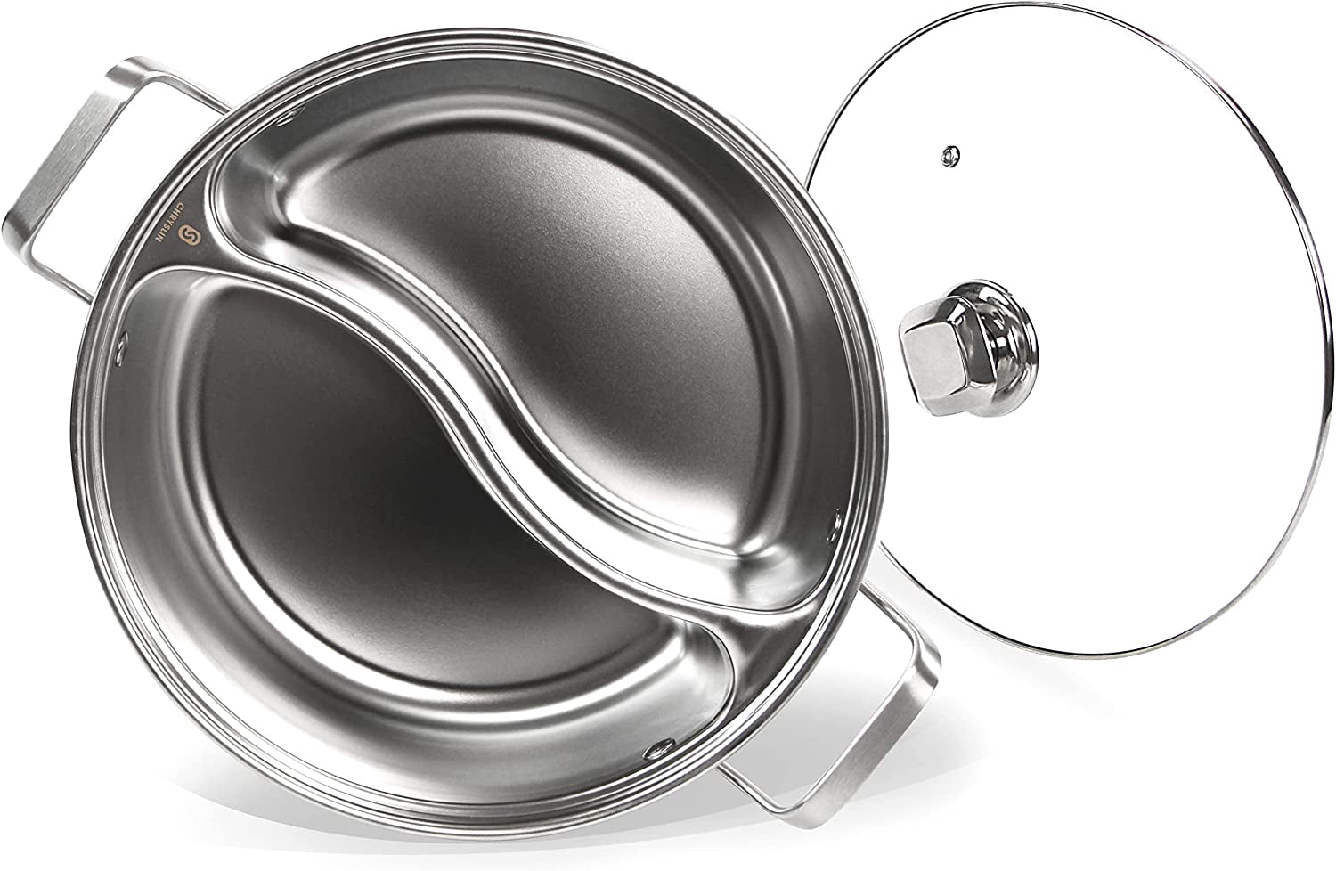 Stainless Steel Pot with Divider,Weldless Hot Pot,Two-Flavor Soup Pot Shabu Shabu Pot,Induction Cookware with Toughened Glass Lid,12 inch,4.6-Quart,Silver