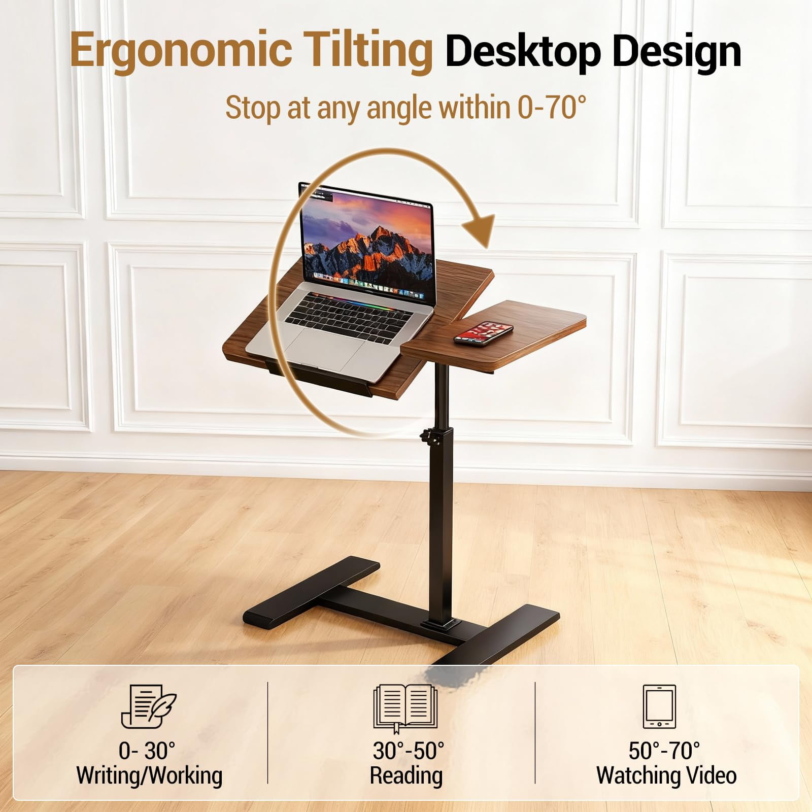 Ataucjin Adjustable Height Rolling Laptop Desk, Mobile Overbed Computer Table with Durable Metal Frame & Tilting Tabletop, Mobile Overbed Workstation for Home, Office, Couch, or Hospital