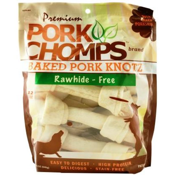 Premium Pork Chomps 67" RawhideFree Baked Pork Knotz, 12 Count