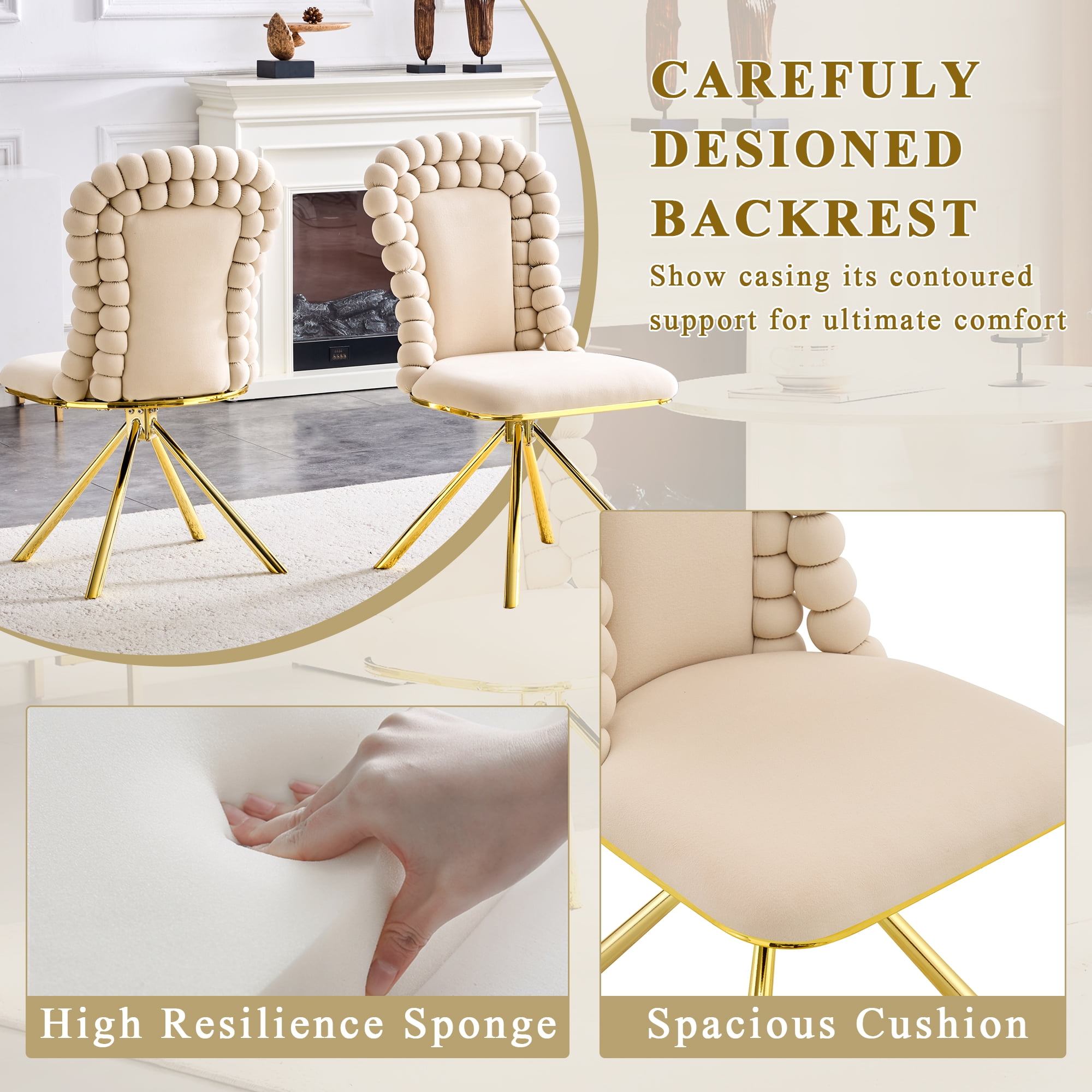Alvantor Dining Chairs Set of 2, Modern Velvet Bubble Chairs with Metal Legs, Upholstered Accent Chairs for Dining Room & Kitchen Beige