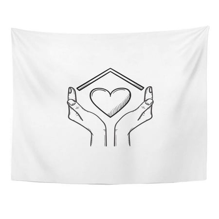 UFAEZU Sweet Home Outline Doodle Hands Holding Heart Under The House Ro As Best Real Estate and Housing Decision Wall Art Hanging Tapestry Home Decor for Living Room Bedroom Dorm 51x60 (Best 4 Bedroom House Plans)