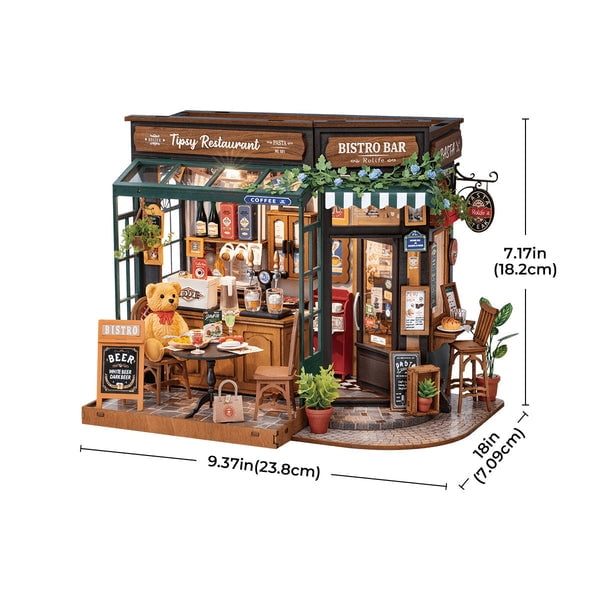 ROBOTIME Tipsy Restaurant DIY Miniature House Kit,Mini Wooden Dollhouse Building Sets,Tiny Home Craft Kits for Desk Decor, Gifts for Adults Teens