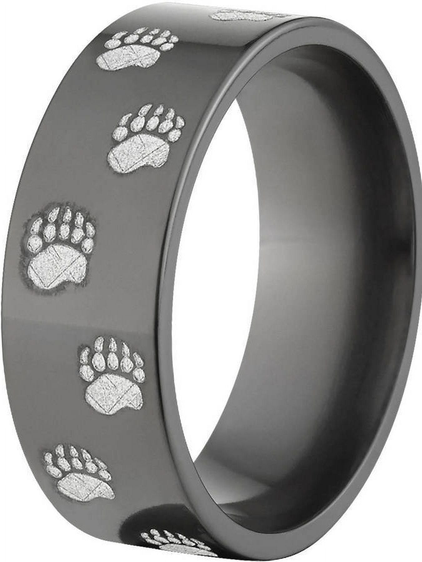 8mm Flat Black Zirconium Ring with Bear Tracks Lasered Around the Ring