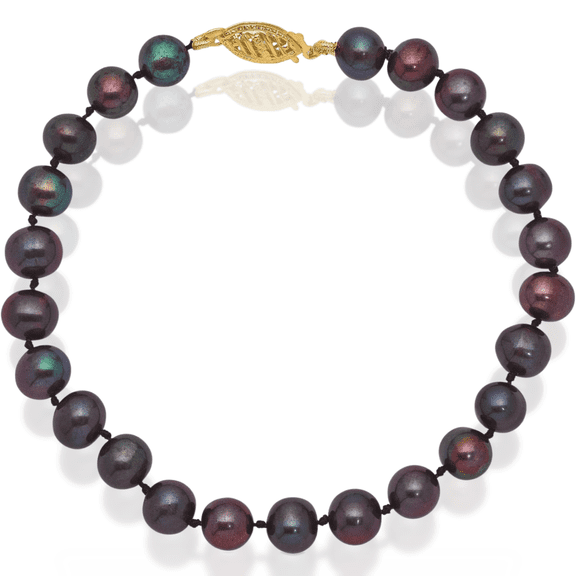 14K Solid Yellow Gold 6mm Black Near Round Freshwater Cultured Pearl Chain Bracelet