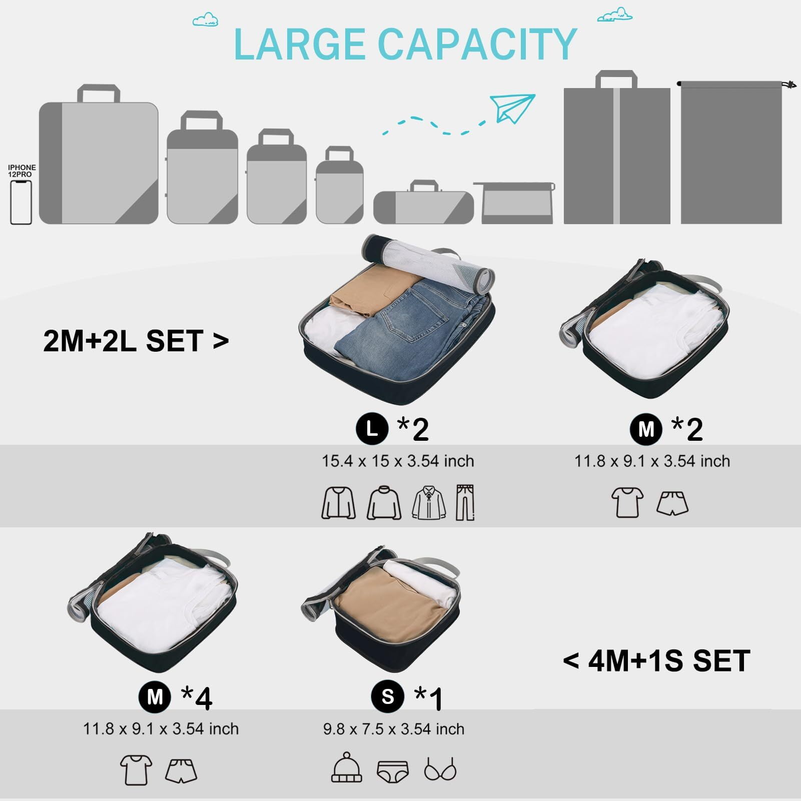 Gonex 4 Set Large Compression Packing Cubes for Luggage, Expandable Packing Cubes Organizer Bags Set for Travel