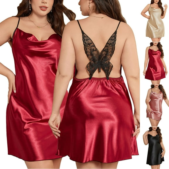 Aboser Womens Satin Chemise Nightgowns Sexy V Neck Backless Lingerie Dress Plus Size Full Slips Sleepwear Lightweight Breathable Pajama Loungewear