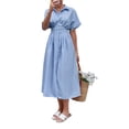 thumbnail image 2 of Women Button Front Pleated Shirt Dresses Summer Casual Short Sleeve Pleated Blouse Mini Dress Blue M, 2 of 8