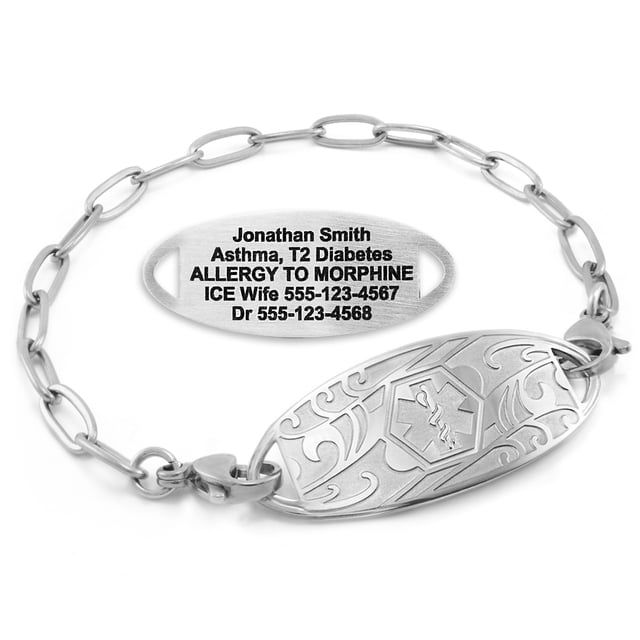 MedicEngraved Bracelet d'Alerte Médicale Personnalisé en Acier Inoxydable - Maillon Trombone 4 mm