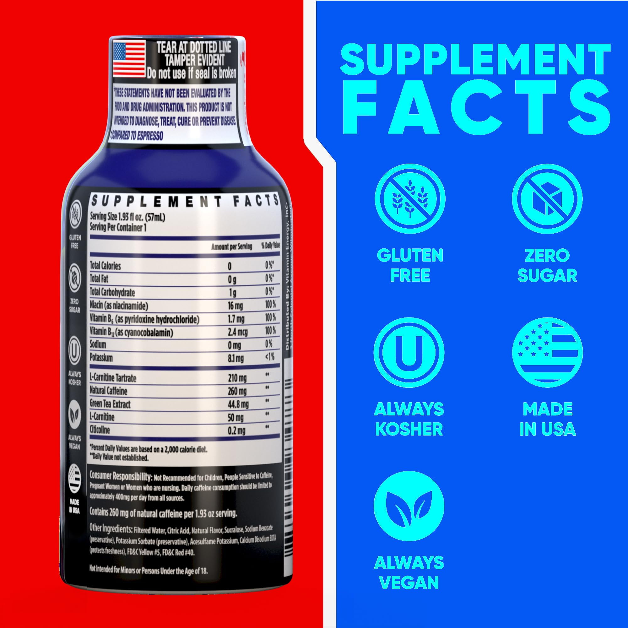 Vitamin Energy Immune+ Extra Strength Shot, Blue Raspberry, 12 Pack – 260mg Natural Caffeine, B-Vitamins & Citicoline, Zero Sugar, 1.93 fl oz