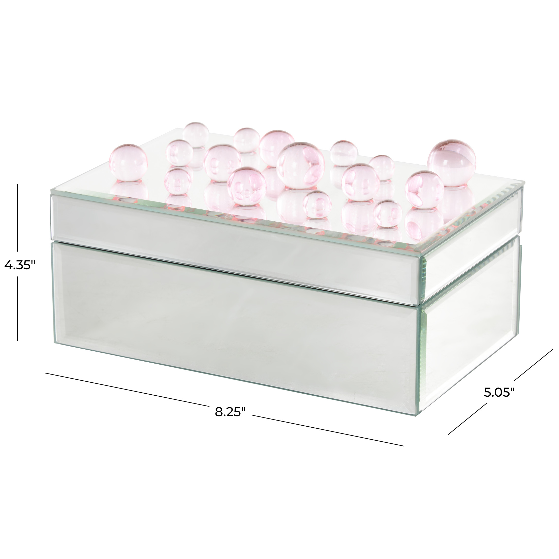 DecMode Mirrored Silver Glass Decorative Jewelry Box with Pink Bubble Textured Balls