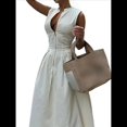 thumbnail image 3 of Vestido Midi Informal de Verano para Mujer, con Escote en V Profundo, Cremallera, Mangas , Cintura Elástica Fruncida y Bolsillos. Crema S, 3 of 10