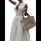 thumbnail image 3 of Vestido Midi Informal de Verano para Mujer, con Escote en V Profundo, Cremallera, Mangas , Cintura Elástica Fruncida y Bolsillos. Crema S, 3 of 10