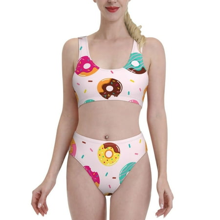 Bixox Donut Pattern Two-Piece Sports Bikini with U-Shaped Top and High-Waist Bottom - Women s Swimwear with Removable Bra Pads