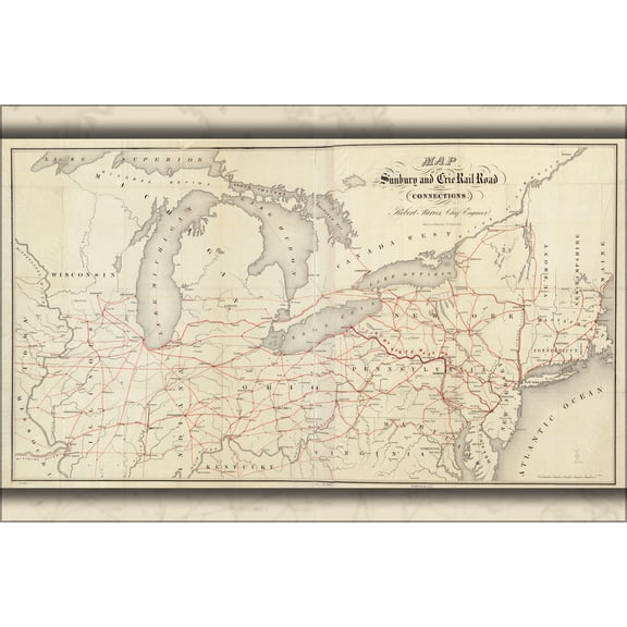 24"x36" Gallery Poster, Map of the Sunbury and Erie RailRoad ohio 1850