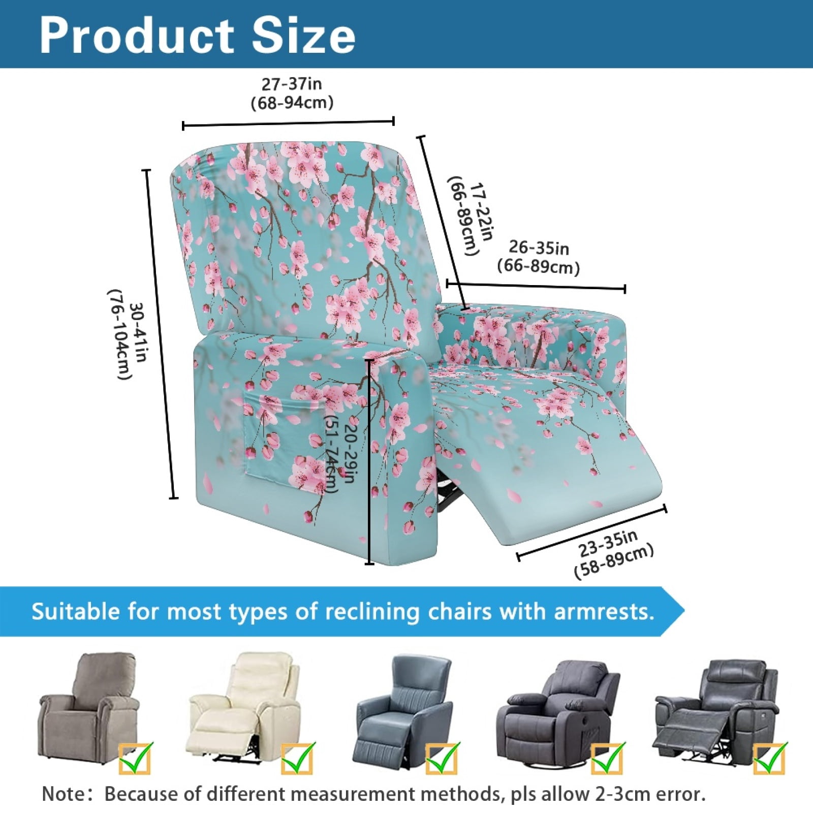 Xoenoiee Blue Cherry Blossom Print Recliner Cover 4 Pieces Lazy Boy Chair Covers Breathable Recliner Sofa Slipcover Anti-Slip Fitted Furniture Protector with Elastic Bottom