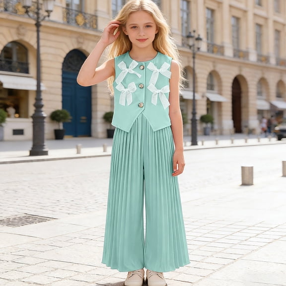 Xijirk Girls' 2-Piece Outfit Bow Decorated Vest & Pleated Wide Leg Pants Set,6-7 Years