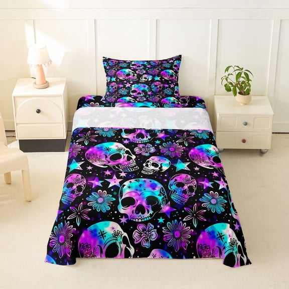 Homewish Happy Halloween Twin Sheets,Multicolor Gradient Skull Bedding,Green Purple,3 Pieces,1 Fitted Sheet and 1 Pillowcase