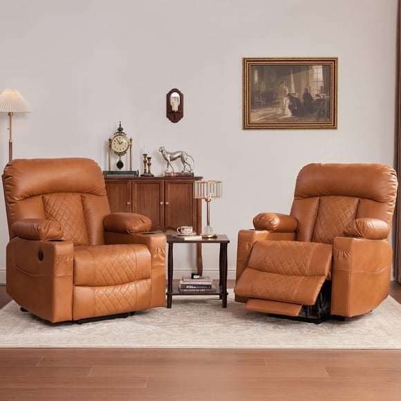 Electric Recliner Chair, Power Recliner with Heat and Massage, Dual Motor, Cupholder, USB & Type C Ports, Extended Footrest - 8163(Brown)
