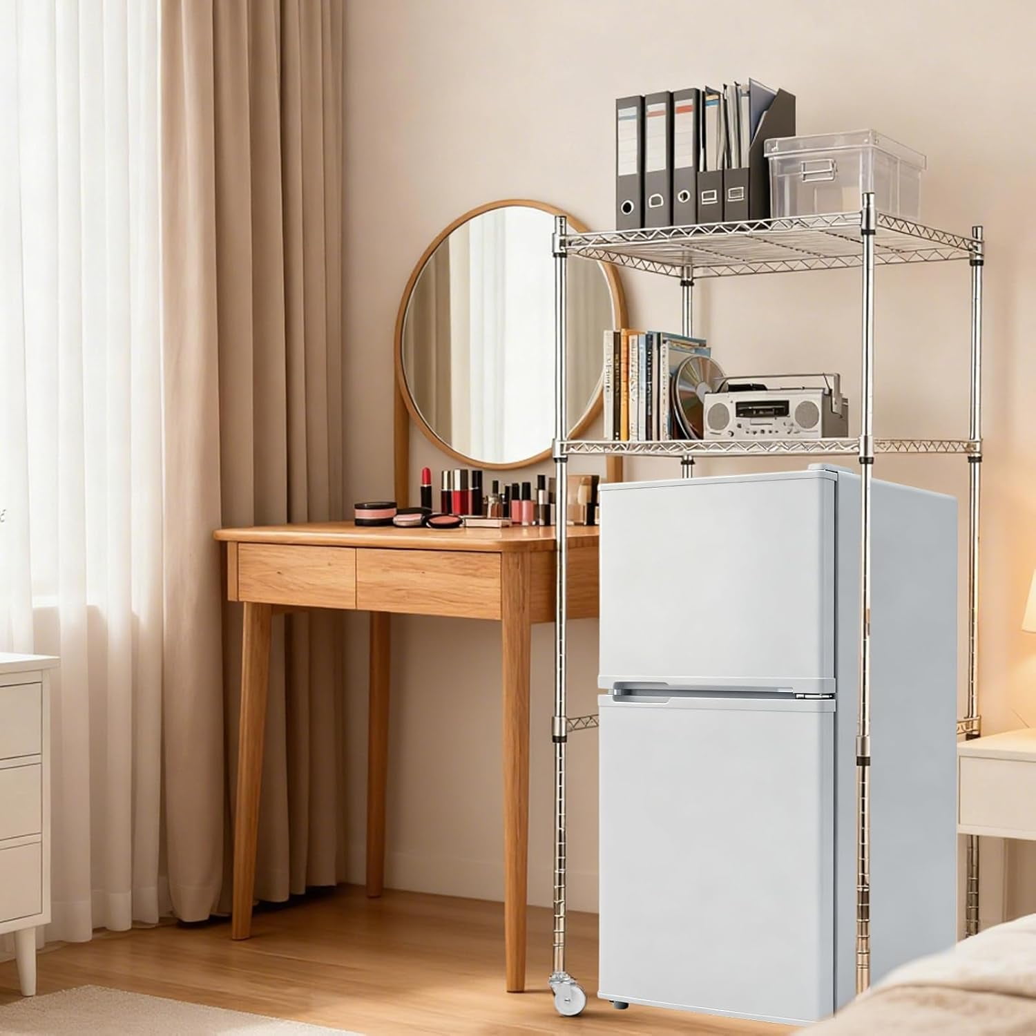 2 Tier Mini Fridge Shelf Over Fridge Storage Rack with Adjustable Height and Lockable Wheels for Dorm Office Space Saving Organizer