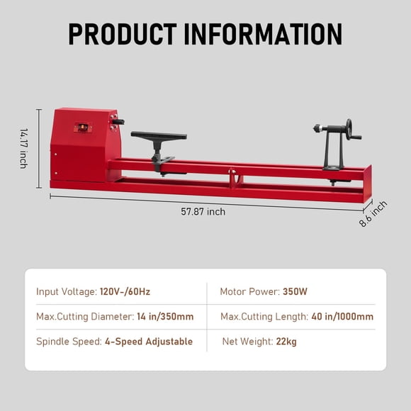 Kojooin 14 x 40 in Benchtop Wood Lathe, Variable Speed Wood Turning Machine with Chisels, Faceplate and Tools