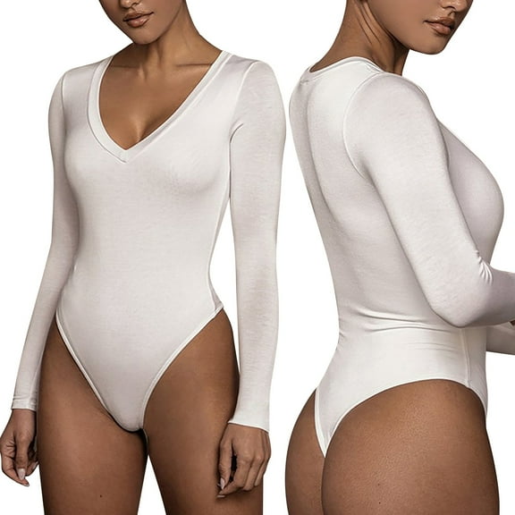 Riforla Women's V Neck Sexy Long Sleeve Shapewear Ultralight Bodysuit Jumpsuits for Women White M