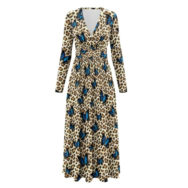Fkelyi Fall Maxi Dress for Women Long Sleeve V Neck Wedding Guest Dresses Blue Butterfly Leopard Print Flowy A-Line Elegant Dress with Pockets for Fkelyi Fall Maxi Dress for Women Long Sleeve V Neck Wedding Guest Dresses Blue Butterfly Leopard Print Flowy A-Line Elegant Dress with Pockets for