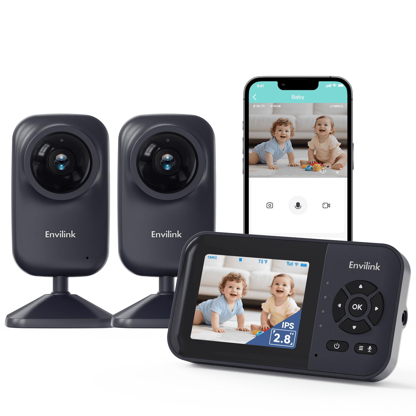 Envilink Video Baby Monitor with 2 Cameras, App Connectivity, 1200ft Range, Vox Mode, 2-Way Talk, Night Vision, Temperature Detection, Lullabies, Sound Detection, 2.8" IPS Screen